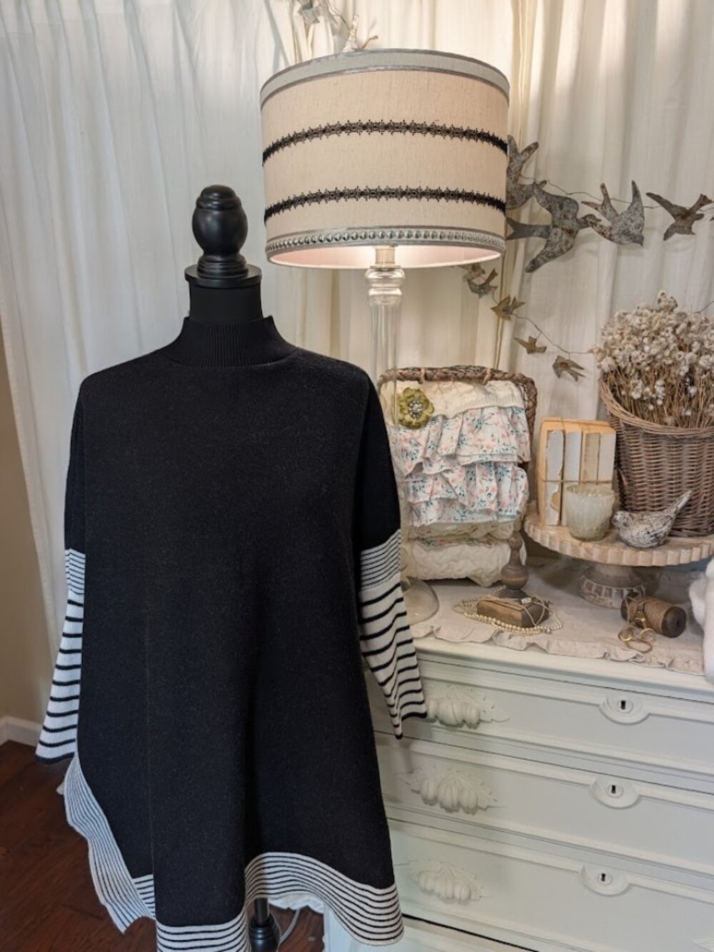 BLACK/WHITE STRIPE TUNIC PONCHO SWEATER